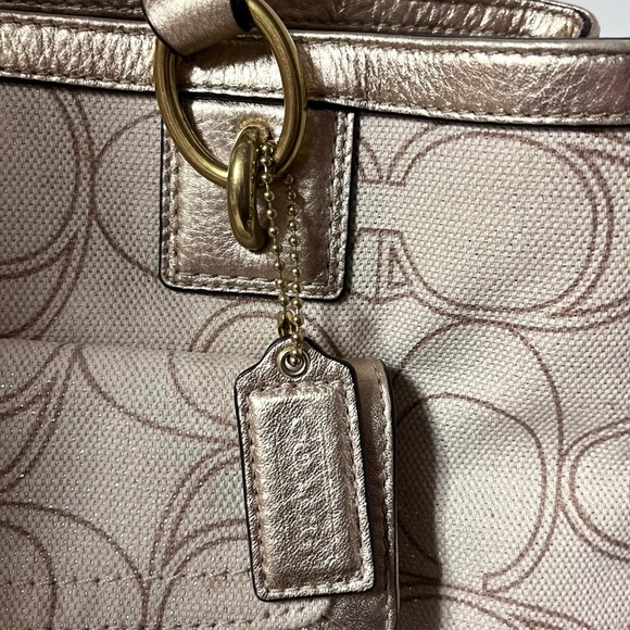 Coach Monogram Penelope Handbag Satchel Gold Leather Ivory Linen Signature C - Picture 11 of 16